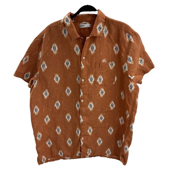 Sonoma Mens L Linen Blend Brown Ikat Print Short Sleeve Button Up Shirt - Picture 1 of 6